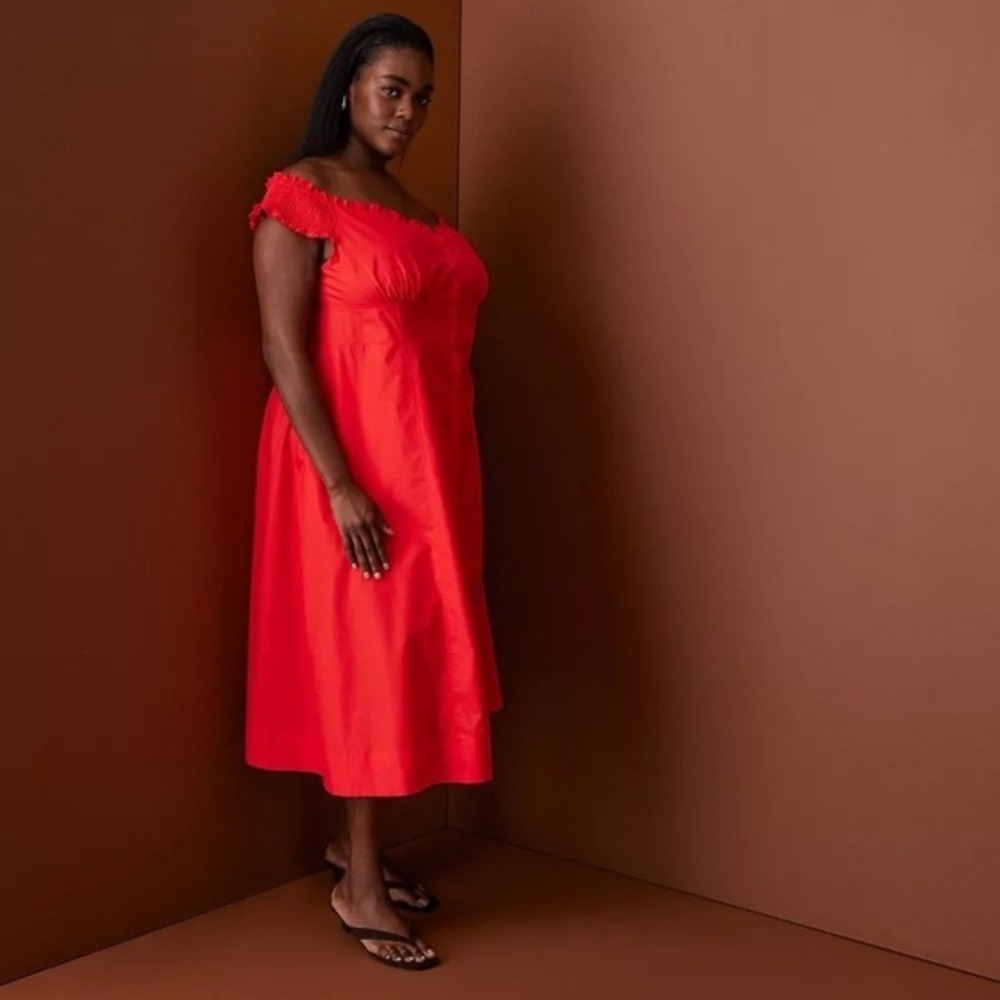 Rosie Assoulin x Target M Medium Off Shoulder Poplin Button-Down Midi Dress Red - Picture 6 of 9